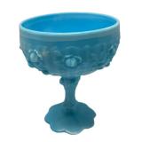 A5 - Fenton Vintage Blue Slag Glass Cabbage Rose Pedestal Compote