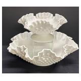 E4 - Two Fenton Hobnail Milk Glass Ruffled Bowls