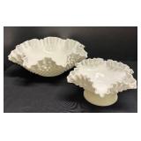 E4 - Two Fenton Hobnail Milk Glass Ruffled Bowls