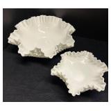 E4 - Two Fenton Hobnail Milk Glass Ruffled Bowls