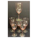 M4 - Pink Depression Glass  Stemware with Green Bases