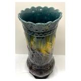 L6 - Roseville Majolica Stork & Cattails Umbrella Stand