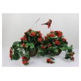 Pair of Red Geranium Plant in Wicker Basket with Cardinal Bird Figurine 9.5'L