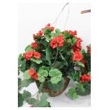 Pair of Red Geranium Plant in Wicker Basket with Cardinal Bird Figurine 9.5'L