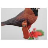 Pair of Red Geranium Plant in Wicker Basket with Cardinal Bird Figurine 9.5'L