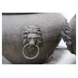 Pair of Antique Cast Stone Planters with Lion Head Ring Handles 13' x 14'