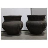 Pair of Antique Cast Stone Planters with Lion Head Ring Handles 13' x 14'