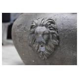 Pair of Antique Cast Stone Planters with Lion Head Ring Handles 13' x 14'