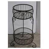 Plant Stand - Vintage Wrought Iron 2-Tier with Circular Wire Baskets 34'tall