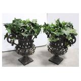Iron Cast Garden Urns - Lattice Pattern, Pair with Removable Ivy Leaves 17' x 16'