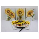 Sunflower Wall Decor Set - 3-Panel Triptych, Wire Panels & Dome Vase & Wallet