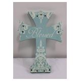 Blessed Cross Wall Hanging - Blue Wood Decor with White Scrollwork 16'