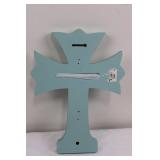 Blessed Cross Wall Hanging - Blue Wood Decor with White Scrollwork 16'