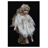 Porcelain Bisque Doll in Ivory Lace Dress with Floral Crown & Wicker Basket Chair 19'tall