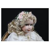 Porcelain Bisque Doll in Ivory Lace Dress with Floral Crown & Wicker Basket Chair 19'tall