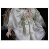 Porcelain Bisque Doll in Ivory Lace Dress with Floral Crown & Wicker Basket Chair 19'tall