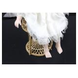 Porcelain Bisque Doll in Ivory Lace Dress with Floral Crown & Wicker Basket Chair 19'tall