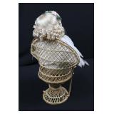 Porcelain Bisque Doll in Ivory Lace Dress with Floral Crown & Wicker Basket Chair 19'tall