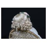 Porcelain Bisque Doll in Ivory Lace Dress with Floral Crown & Wicker Basket Chair 19'tall