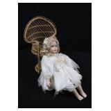 Porcelain Bisque Doll in Ivory Lace Dress with Floral Crown & Wicker Basket Chair 19'tall