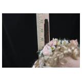 Porcelain Bisque Doll in Ivory Lace Dress with Floral Crown & Wicker Basket Chair 19'tall