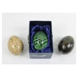 Decorative Stone & Glass Egg Trio in Blue Satin Box