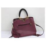 Burgundy Pebbled Leather Satchel Bag - Gold V-Hardware, Braided Handles
