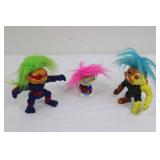 Three Troll Action Figures with Neon Hair - Blue Outfit, Pink Hair, Yellow Arm