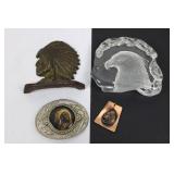 Native American Chief Motif Collection (Lot of 4) - Bronze Bust, Belt Buckle, Copper Pendant & Glass Eagle Dish