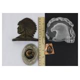 Native American Chief Motif Collection (Lot of 4) - Bronze Bust, Belt Buckle, Copper Pendant & Glass Eagle Dish