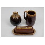 Brown Glaze Stoneware 3-Piece Set: Bulb Vase, Tall Mug & Lidded Butter Dish