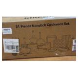 31-Piece Nonstick Cookware Set Kikcoin - Pans, Lids, Steamer, Grill Pan, Silicone Utensils, 6-Piece Bakeware, Cooling Rack, Pan Protectors