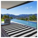 Plastic Straw Outdoor Waterproof Patio and Deck Rug, Foldable, Reversible, Great for Camping, RV, Deck, Porch, Picnic, Beach, Balcony, Black and White Stripes Design