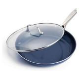 Blue Diamond 12" Nonstick Frying Pan with Lid, Diamond Infused PFAS & PTFE-Free Ceramic Skillet, Dishwasher & Oven Safe, Stay Cool Handle, Durable Non Toxic Metal Utensil Safe, Glass Lid, Blue