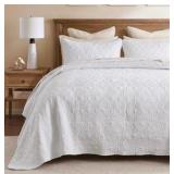 Madison Park Quebec Reversible Quilt Set Damask Design, Double Sided Stitching All Season, Lightweight Bedspread Bedding Set, Matching Sham, White, Full(96"x110") 3 Piece Set