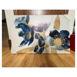 Floral Canvas Artwork, Great for Bedroom, Bathroom, or Living Room, Blues and Gold Colors on White Canvas Background