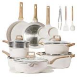 21-Piece Pots and Pans Set, White Color With Wooden Handles CAROTE Brand, Non-Stick With Frying Pans and Saucepans PFOS and PFOA Free RETAIL: $130.00