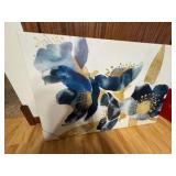 Floral Canvas Artwork, Great for Bedroom, Bathroom, or Living Room, Blues and Gold Colors on White Canvas Background