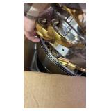 Circular Chafing Dish Set, Four Chafing Stands and Holders, Heat Source Holders Included, Assembly Required, All Parts Appear to be In the Box Silver Color With Gold Colored Accents