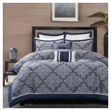 Madison Park King Comforter 8-Piece Set, One Comforter Two Shams Two Euro Shams, One Bed Skirt, Two Decorative Pillows Navy and White Pattern - in Original Package