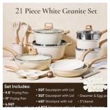 21-Piece Pots and Pans Set, White Color With Wooden Handles CAROTE Brand, Non-Stick With Frying Pans and Saucepans PFOS and PFOA Free RETAIL: $130.00