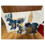 Floral Canvas Artwork, Great for Bedroom, Bathroom, or Living Room, Blues and Gold Colors on White Canvas Background