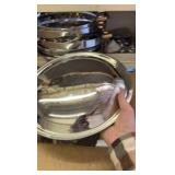 Circular Chafing Dish Set, Four Chafing Stands and Holders, Heat Source Holders Included, Assembly Required, All Parts Appear to be In the Box Silver Color With Gold Colored Accents