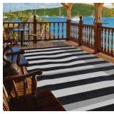 Plastic Straw Outdoor Waterproof Patio and Deck Rug, Foldable, Reversible, Great for Camping, RV, Deck, Porch, Picnic, Beach, Balcony, Black and White Stripes Design