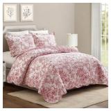 Modern Heirloom Full Queen Quilt Set, 1 Quilt 88 x 90 inches and 2 Shams 20 x 26 inches Gardem Toile Pattern, White and Red