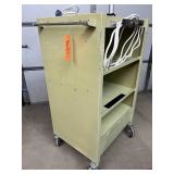 Steel 3 Shelf Utility Rolling Cart w/ Lipped Shelves Swivel Casters Built In Power Strip Mounted Bracket Heavy Duty Organizer Perfect For Office School Workshop Garage Tools Equipment Storage Printer 