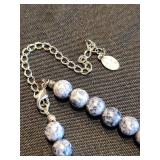 Blue Stone Beaded Necklace - Marbled Blue Beads on Silver Chain, Adjustable Extender