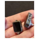 Vintage Silver Filigree Square Onyx - Pair with Blue-Enamel M Crest Shield Charm