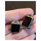 Vintage Silver Filigree Square Onyx - Pair with Blue-Enamel M Crest Shield Charm