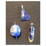 Three Lapis Lazuli Pendants - Triangular, Oval & Teardrop, Silver (Lot of 3)